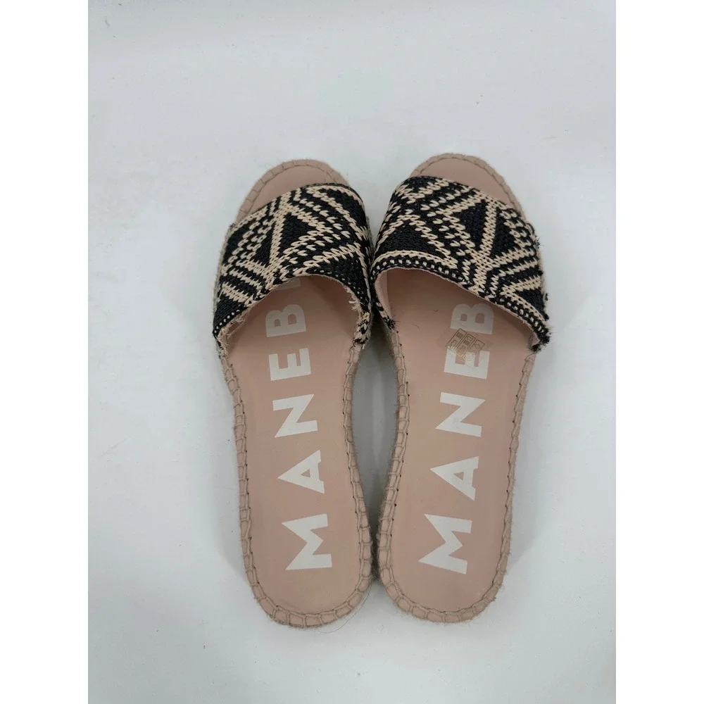 Manebi Hamptons Black Beige Geometric Knit Espadrille Platform Slide Sandals